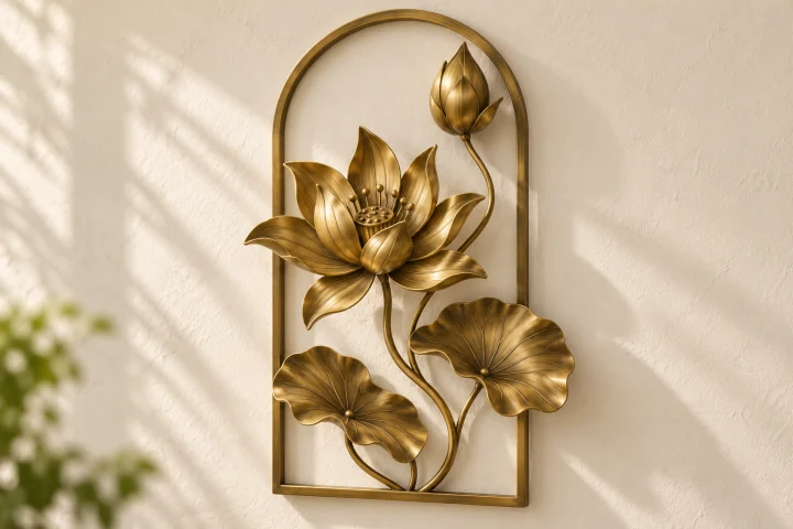 Lotus Rising open-frame wall art in warm brass tone, tall arch frame