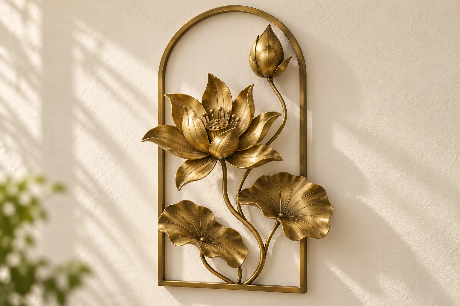 Lotus Rising open-frame wall art in warm brass tone, tall arch frame