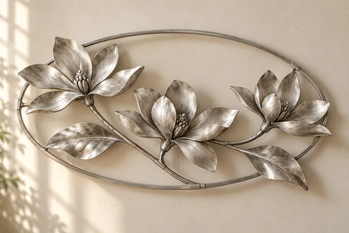 Magnolia Arc open-frame wall art in satin silver tone, horizontal oval frame
