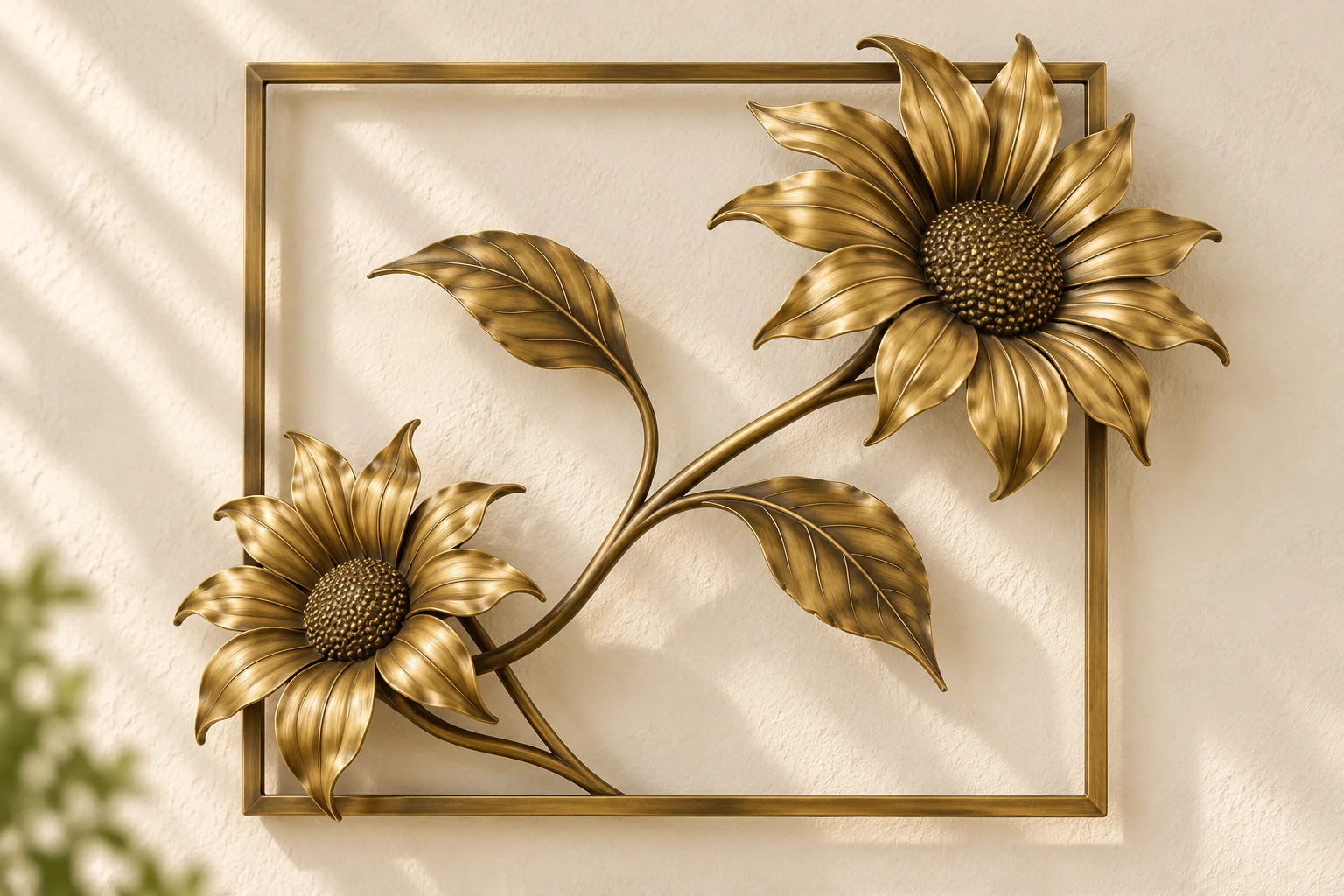 Sunflower Frame open-frame wall art in warm brass tone, square frame