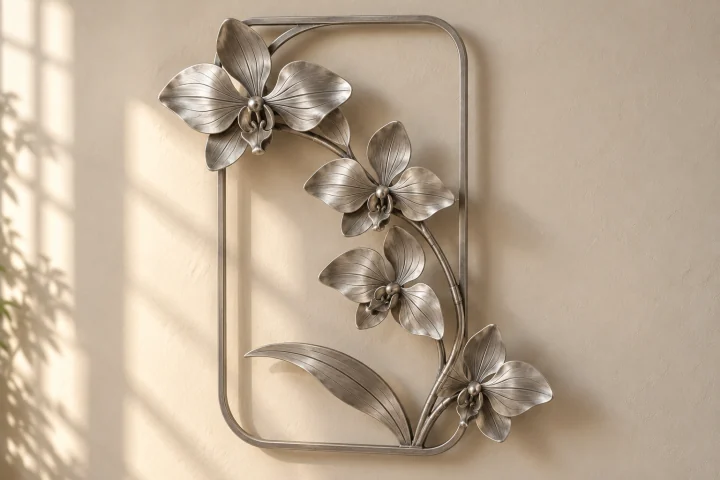 Orchid Fall open-frame wall art in satin silver tone, tall rounded rectangle frame