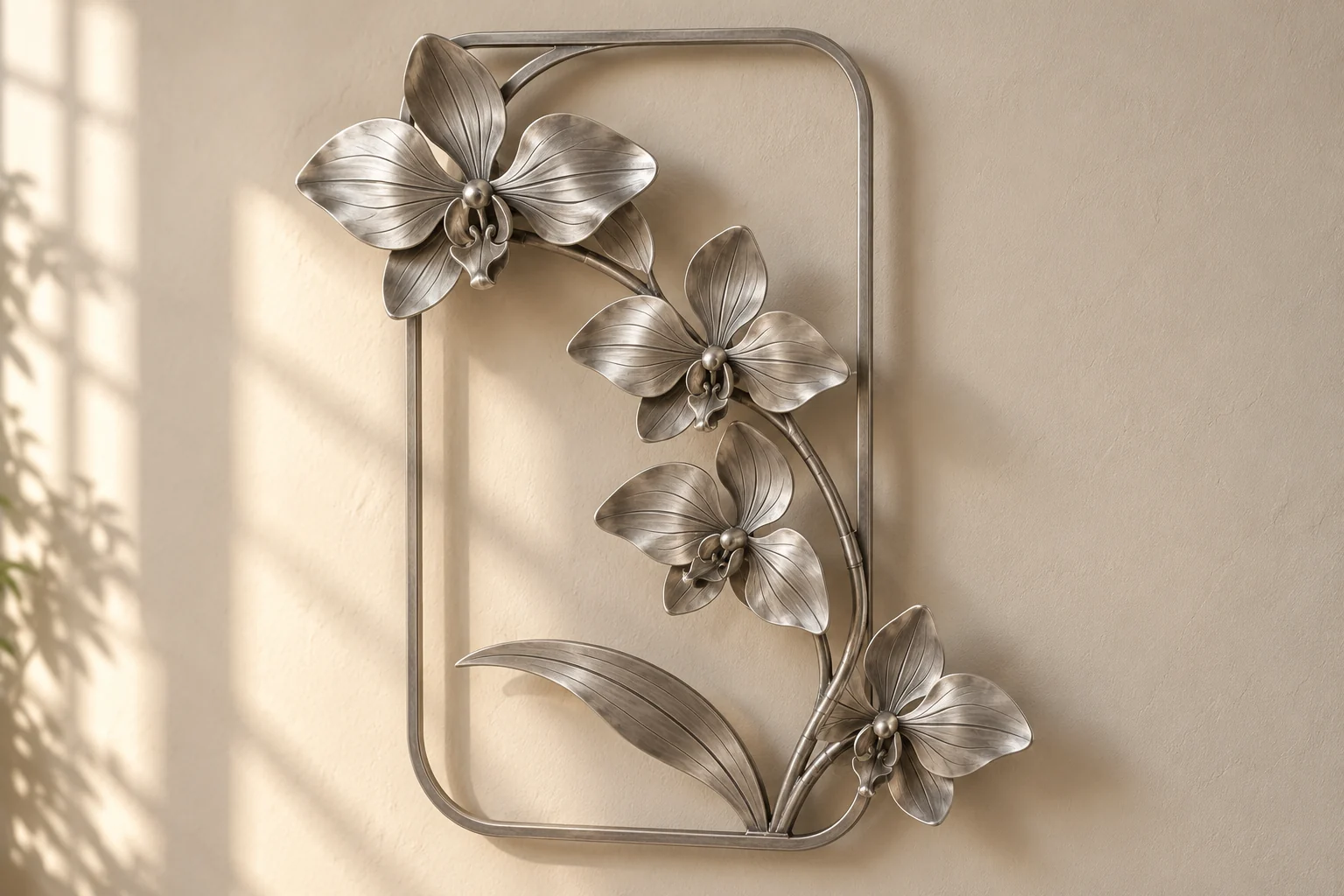 Orchid Fall open-frame wall art in satin silver tone, tall rounded rectangle frame