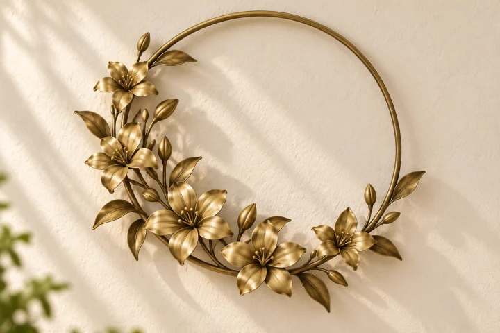 Jasmine Garland open-frame wall art in warm brass tone, circular ring frame