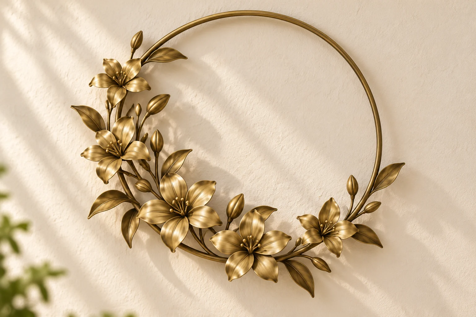 Jasmine Garland open-frame wall art in warm brass tone, circular ring frame
