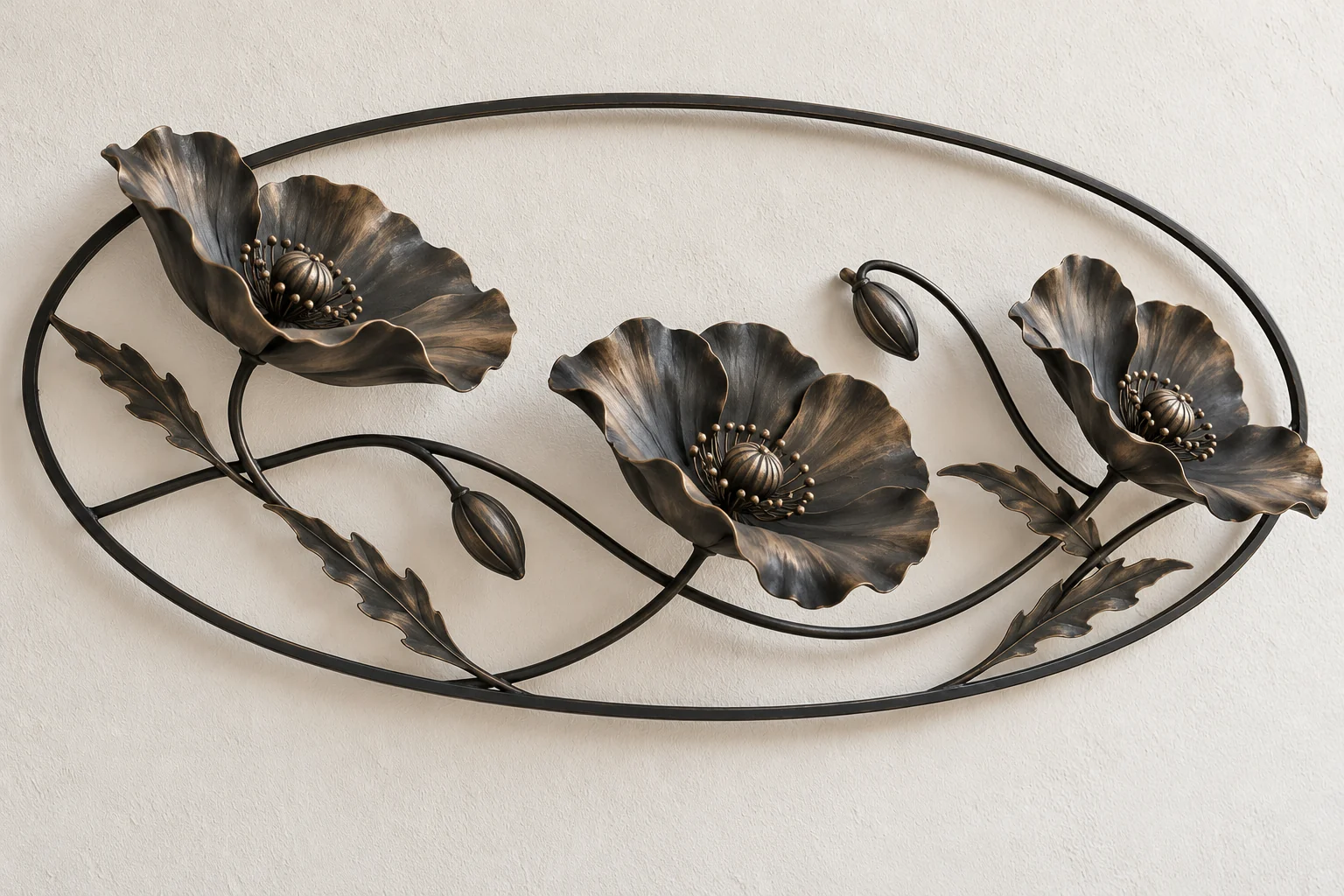 Poppy Breeze open-frame wall art in dark iron tone, wide oval frame