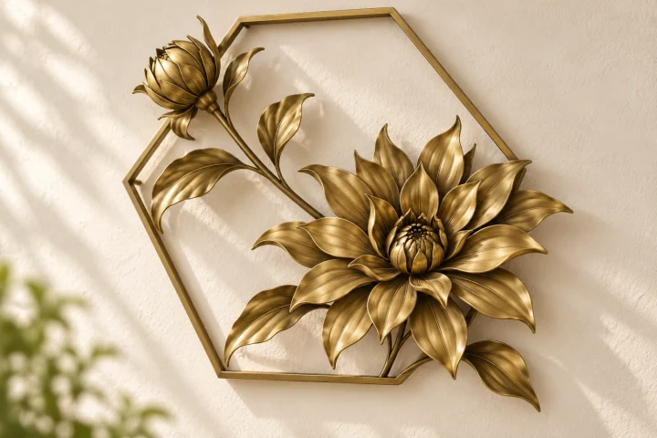 Dahlia Garden open-frame wall art in warm brass tone, hexagonal frame frame