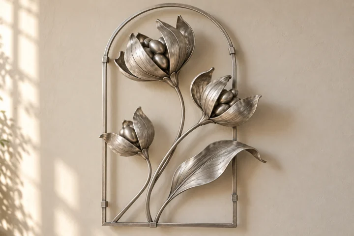 Seedpod Arch open-frame wall art in satin silver tone, tall arch frame