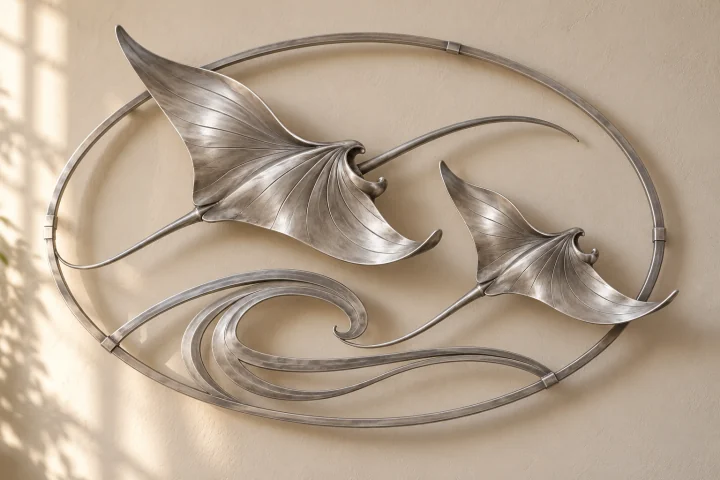 Manta Current open-frame wall art in satin silver tone, wide oval frame