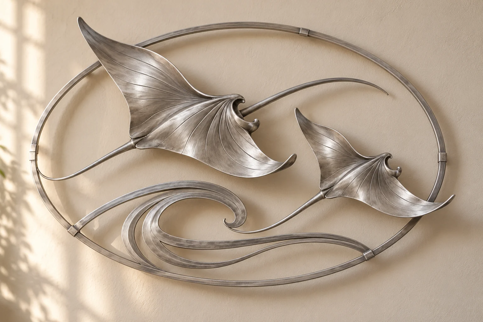 Manta Current open-frame wall art in satin silver tone, wide oval frame