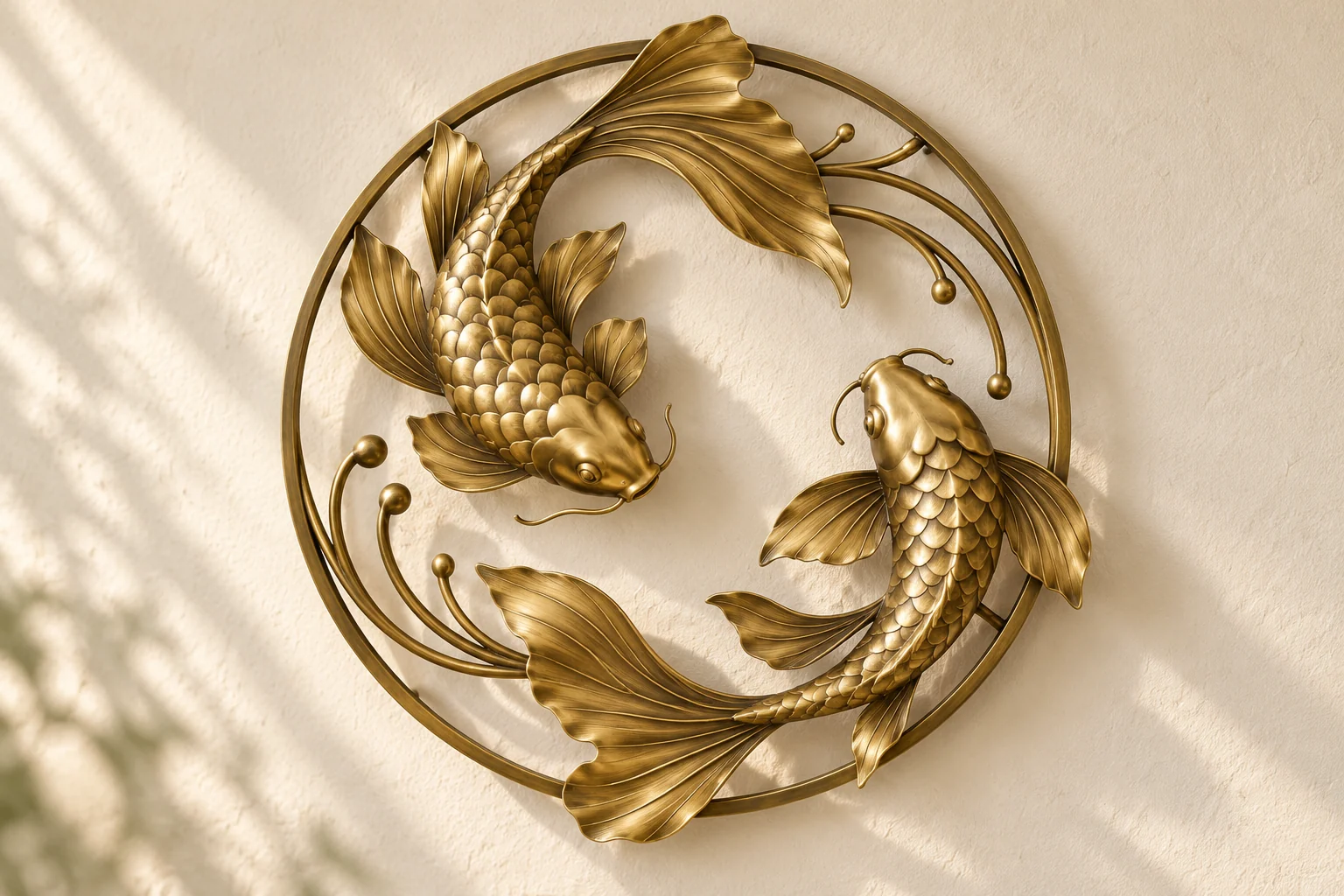 Koi Circle open-frame wall art in warm brass tone, circular ring frame