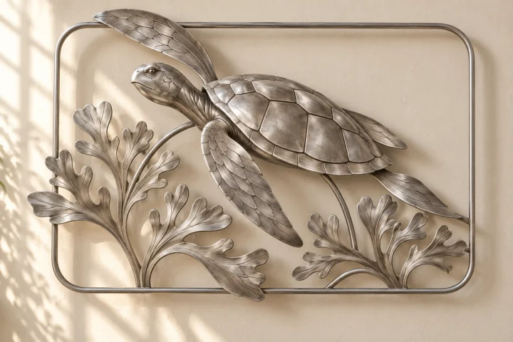 Turtle Reef open-frame wall art in satin silver tone, rounded rectangle frame