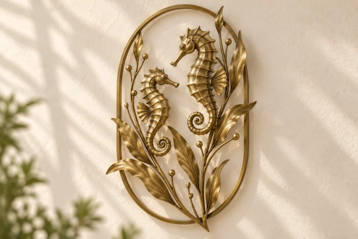 Seahorse Duet open-frame wall art in warm brass tone, tall oval frame