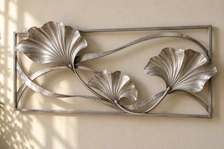 Shell Tide open-frame wall art in satin silver tone, wide rectangle frame