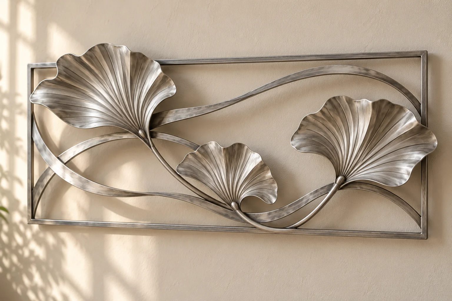Shell Tide open-frame wall art in satin silver tone, wide rectangle frame