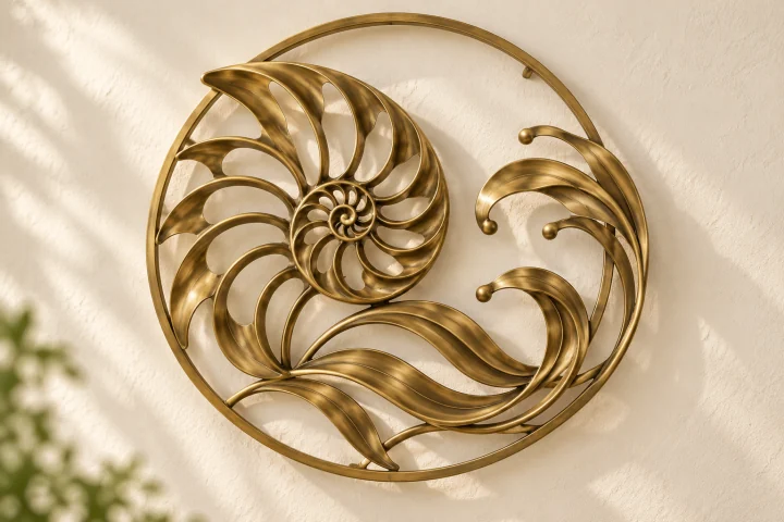 Nautilus Wave open-frame wall art in warm brass tone, circular ring frame