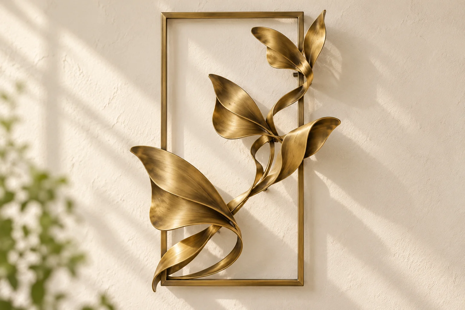 Ribbon Flight open-frame wall art in warm brass tone, vertical rectangle frame