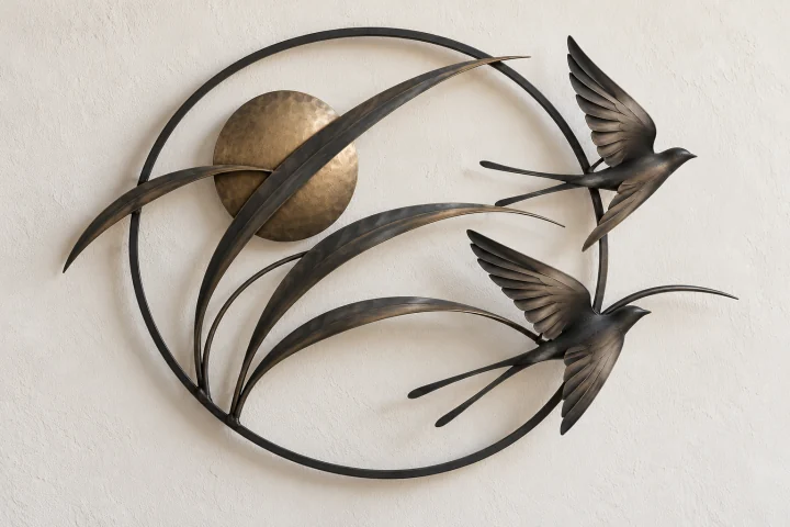 Sun and Reeds open-frame wall art in dark iron tone, circular ring frame