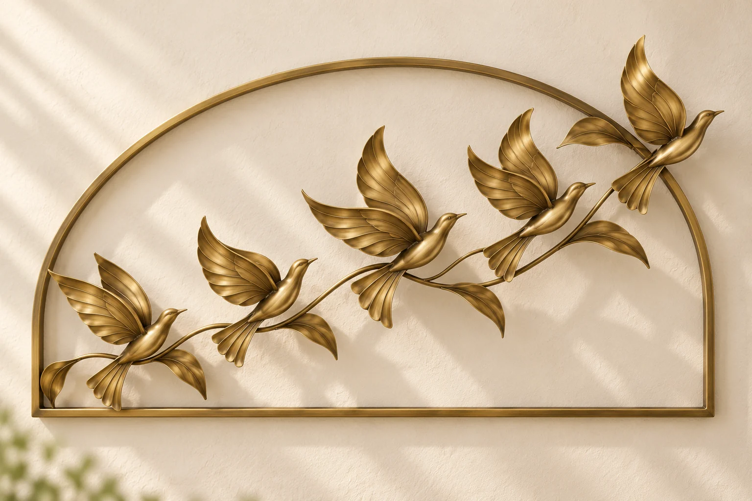 Migration Arch open-frame wall art in warm brass tone, wide low arch frame