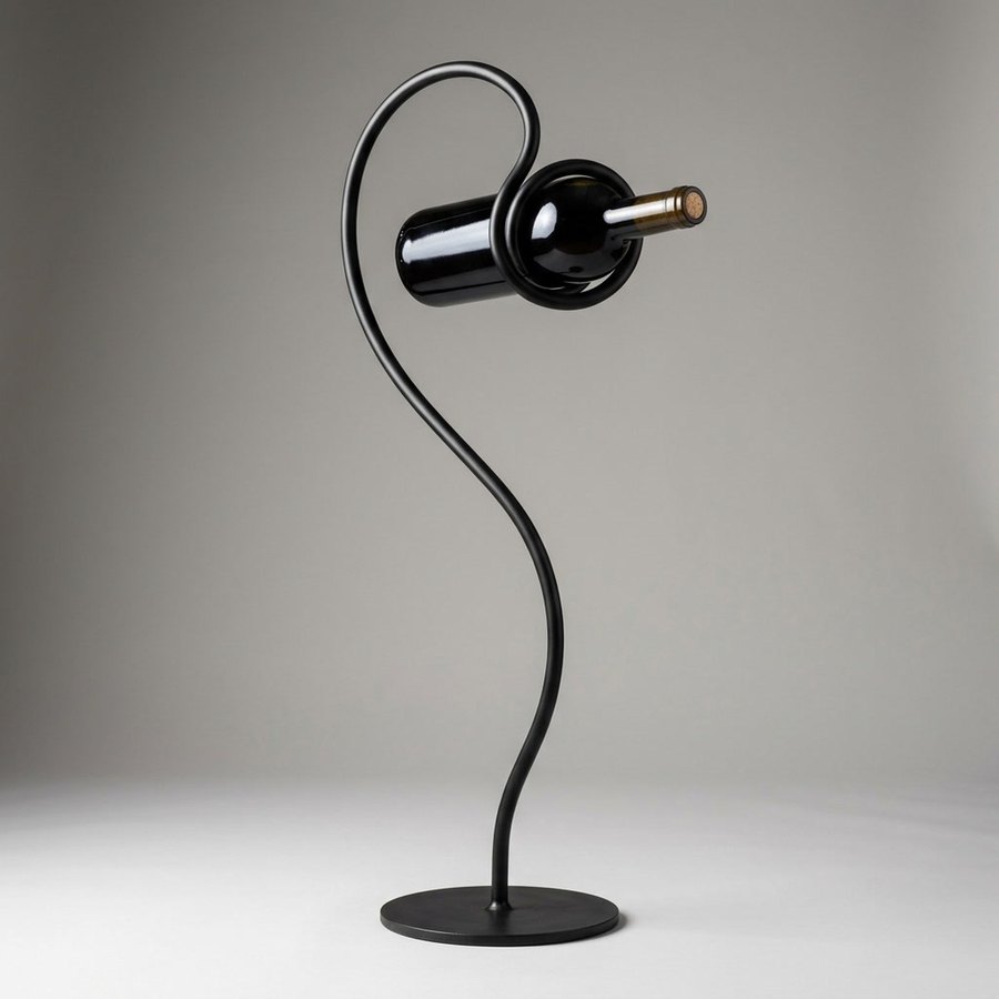 Kelp Bottle Stand — Hand-bent iron rod · Oxidised black