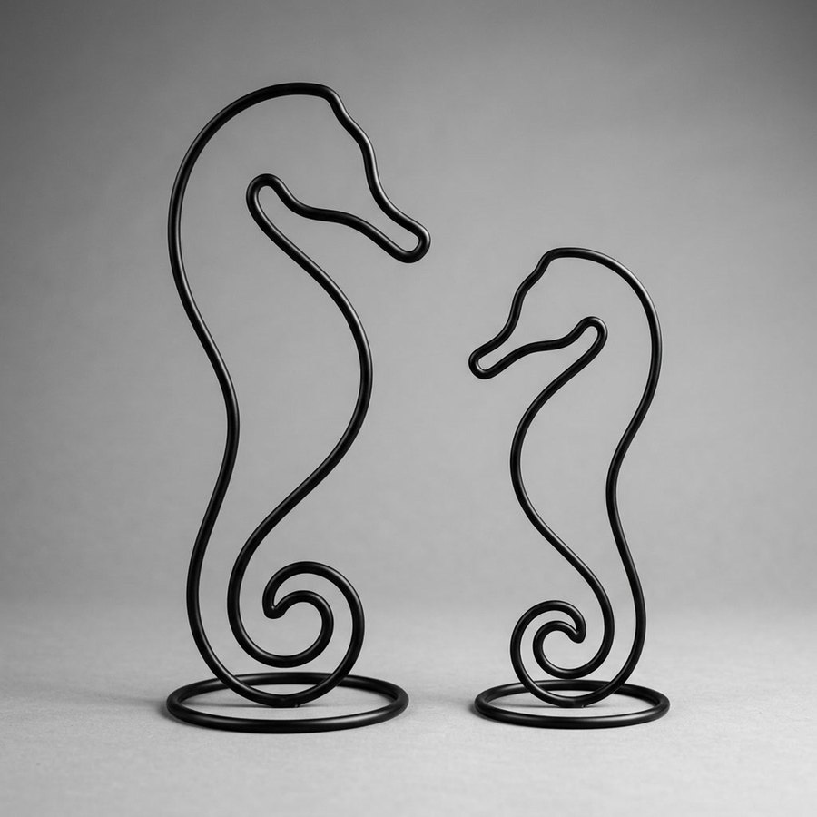 Seahorse Sculpture, small & large — Hand-bent iron rod · Oxidised black