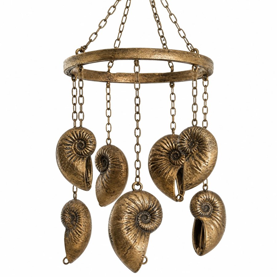 Nautilus Bell Wind Chime — Sand Cast Brass · multiple nautilus bell pendants
