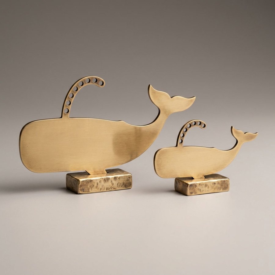 Whale Profile Table Sculpture, small & large — Pierced solid brass · Antique brass