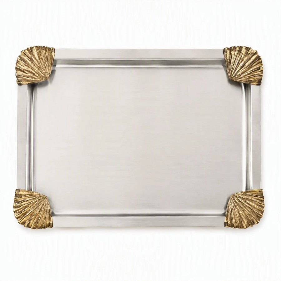 Shell Corner Serving Tray — SS + Brass Cast · brushed SS tray
