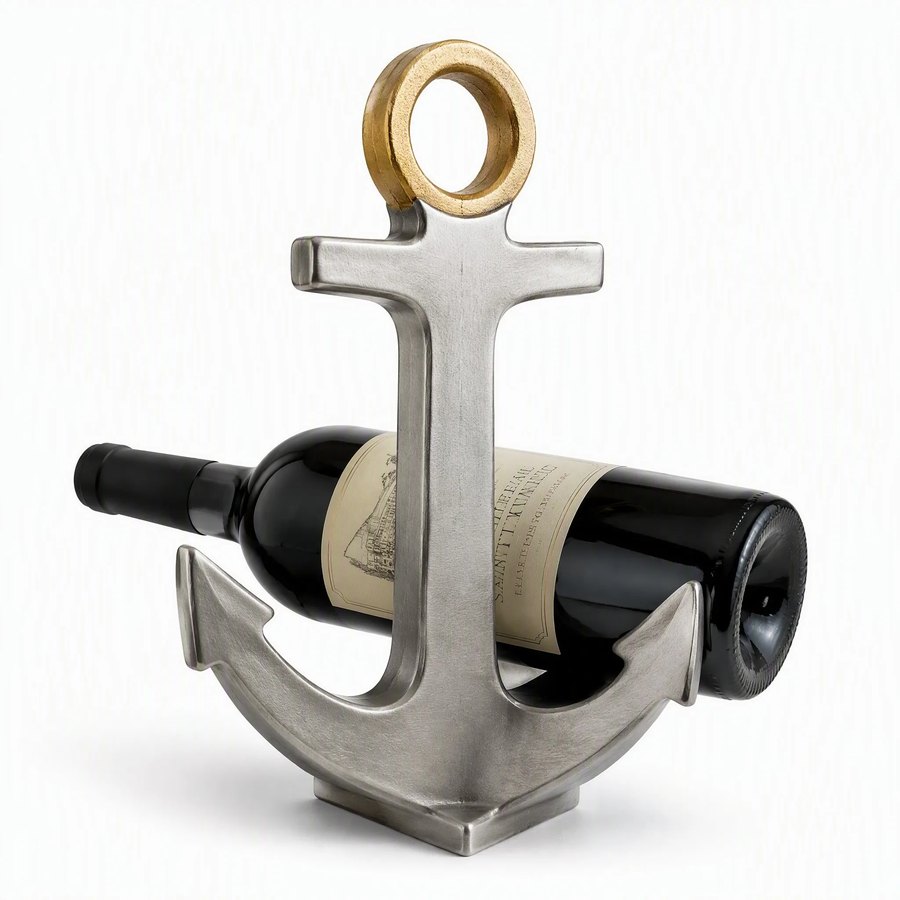 Anchor Bottle Stand — SS + Brass Cast · brushed stainless steel body