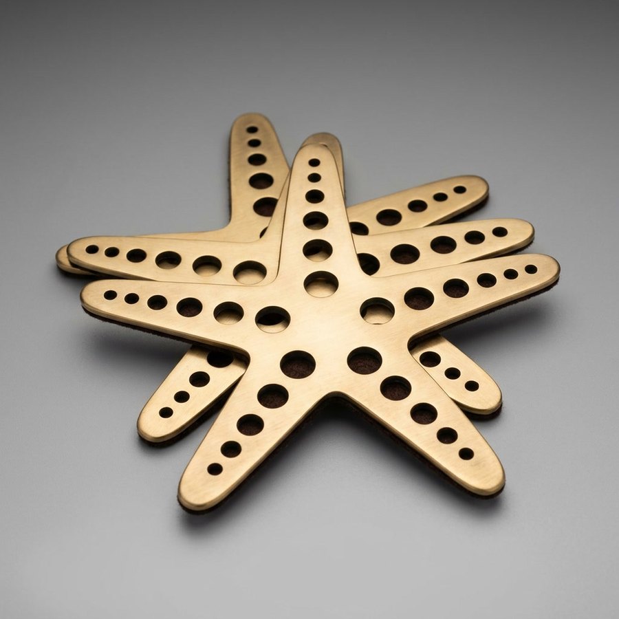 Starfish Coasters, set of 4 — Pierced solid brass · Antique brass