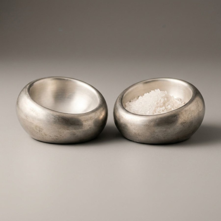Shell Salt & Pepper Dishes — Sand-cast aluminium · Aged pewter