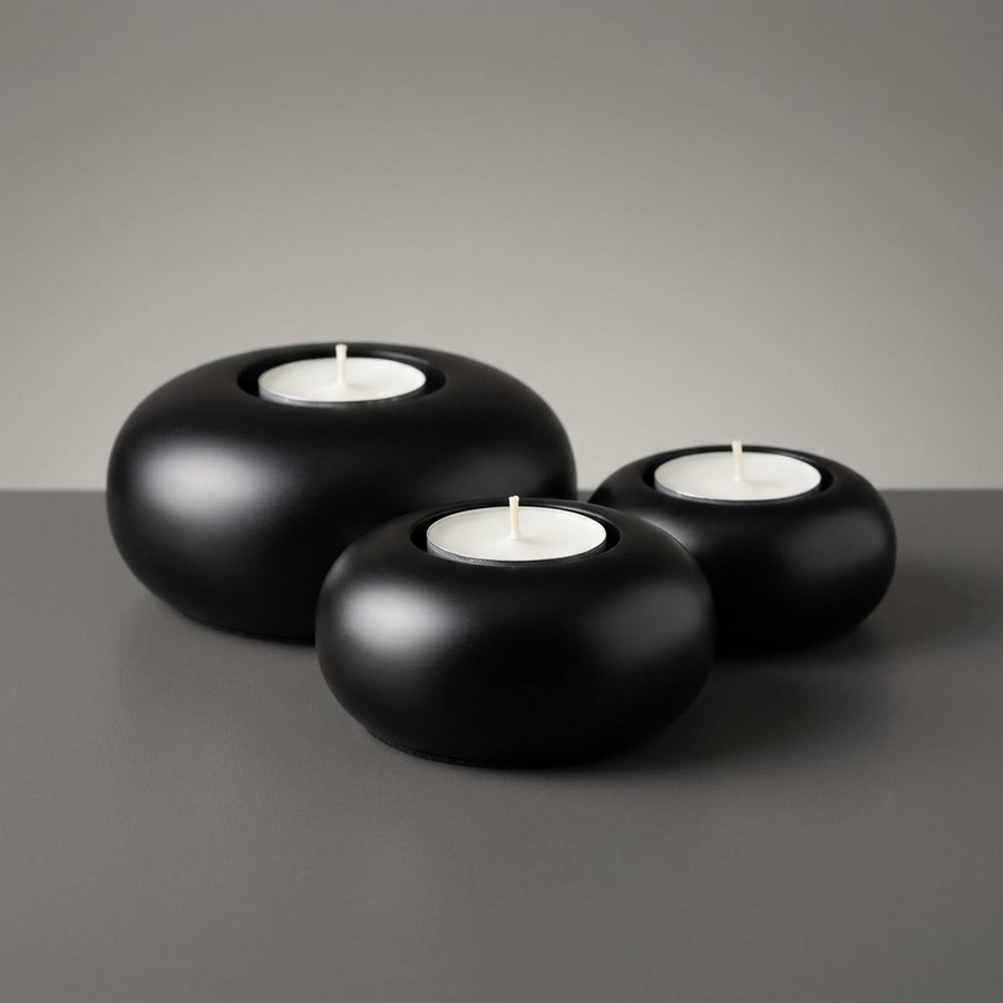 Pebble Tealight Trio — Sand-cast aluminium · Oxidised black