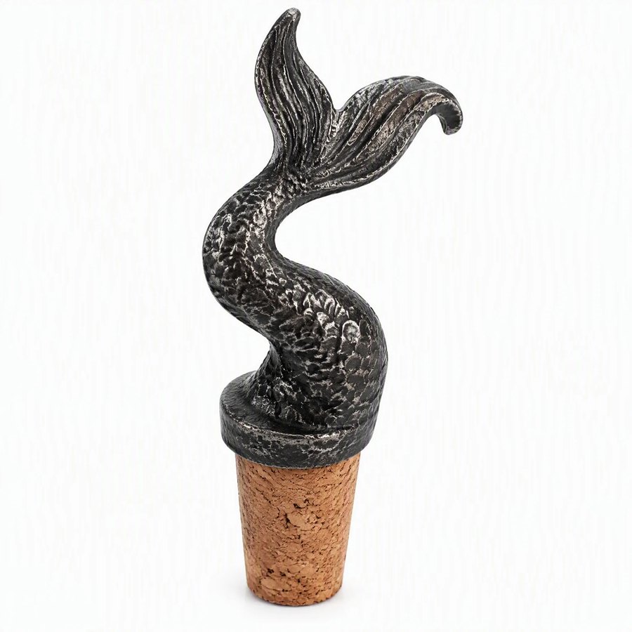 Mermaid Tail Wine Bottle Stopper — Cast Metal · hand-forged dark charcoal cast metal