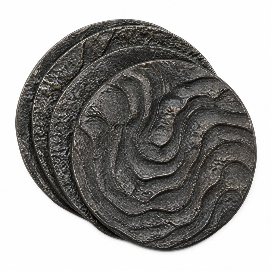Abalone Shell Coaster Set — Cast Metal · hand-forged dark charcoal cast metal