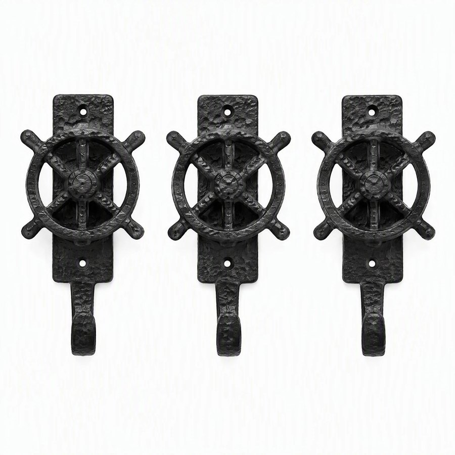 Ship's Wheel Wall Hooks — Wrought Iron · hand-forged dark charcoal iron