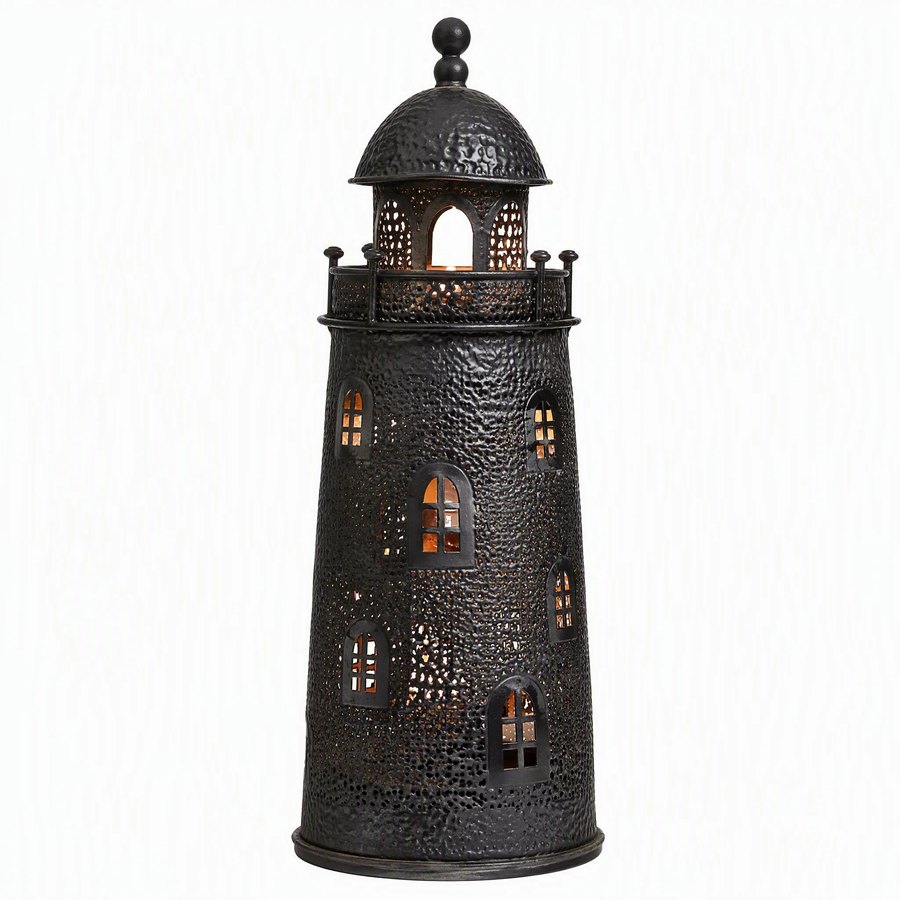 Lighthouse Pierced Lantern — Wrought Iron · hand-forged dark charcoal iron