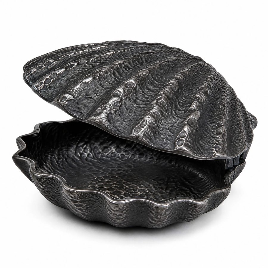 Seashell Trinket Box — Cast Metal · hand-forged dark charcoal cast metal