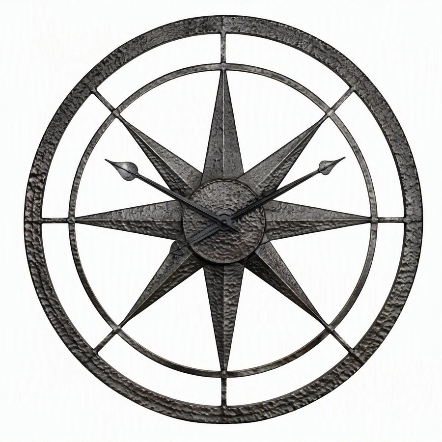 Compass Rose Wall Clock — Wrought Iron · hand-forged dark charcoal iron