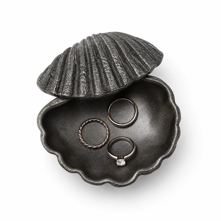 Clam Shell Ring Dish — Cast Metal · hand-forged dark charcoal cast metal
