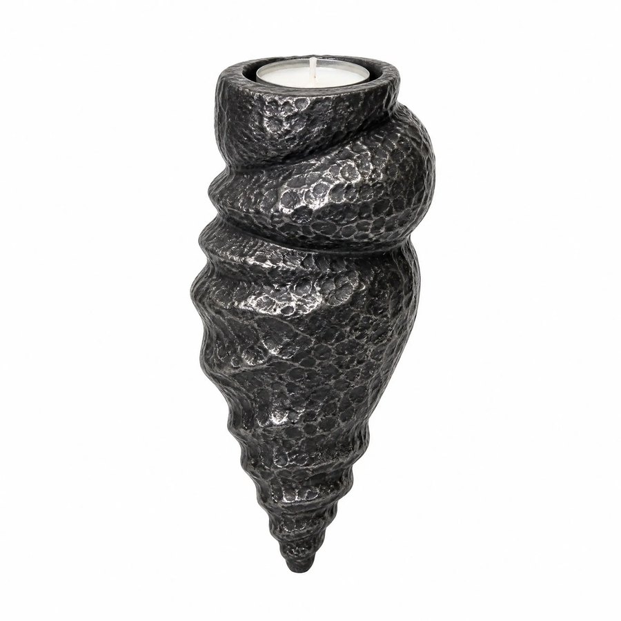 Spiral Conch Shell Candle Holder — Cast Metal · hand-forged dark charcoal cast metal