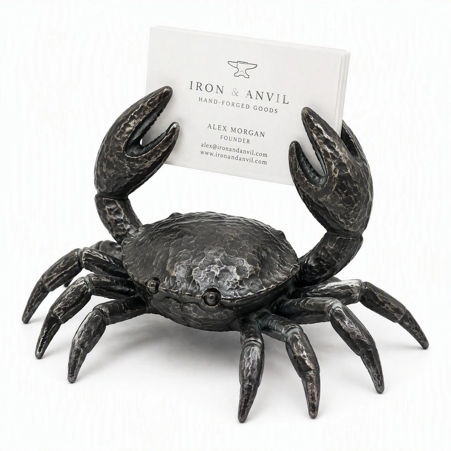 Crab Business Card Holder — Wrought Iron · hand-forged dark charcoal iron