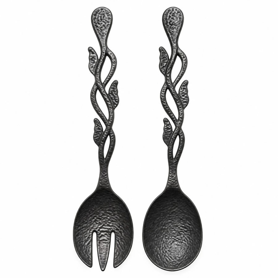 Seaweed Salad Servers — Cast Metal · hand-forged dark charcoal cast metal