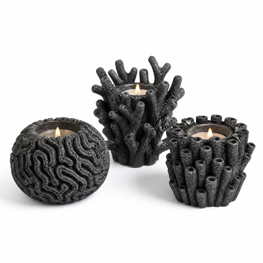 Coral Reef Votive Holder Set — Cast Metal · hand-forged dark charcoal cast metal