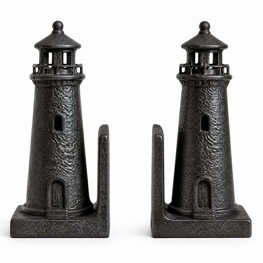 Lighthouse Bookends — Cast Metal · hand-forged dark charcoal cast metal