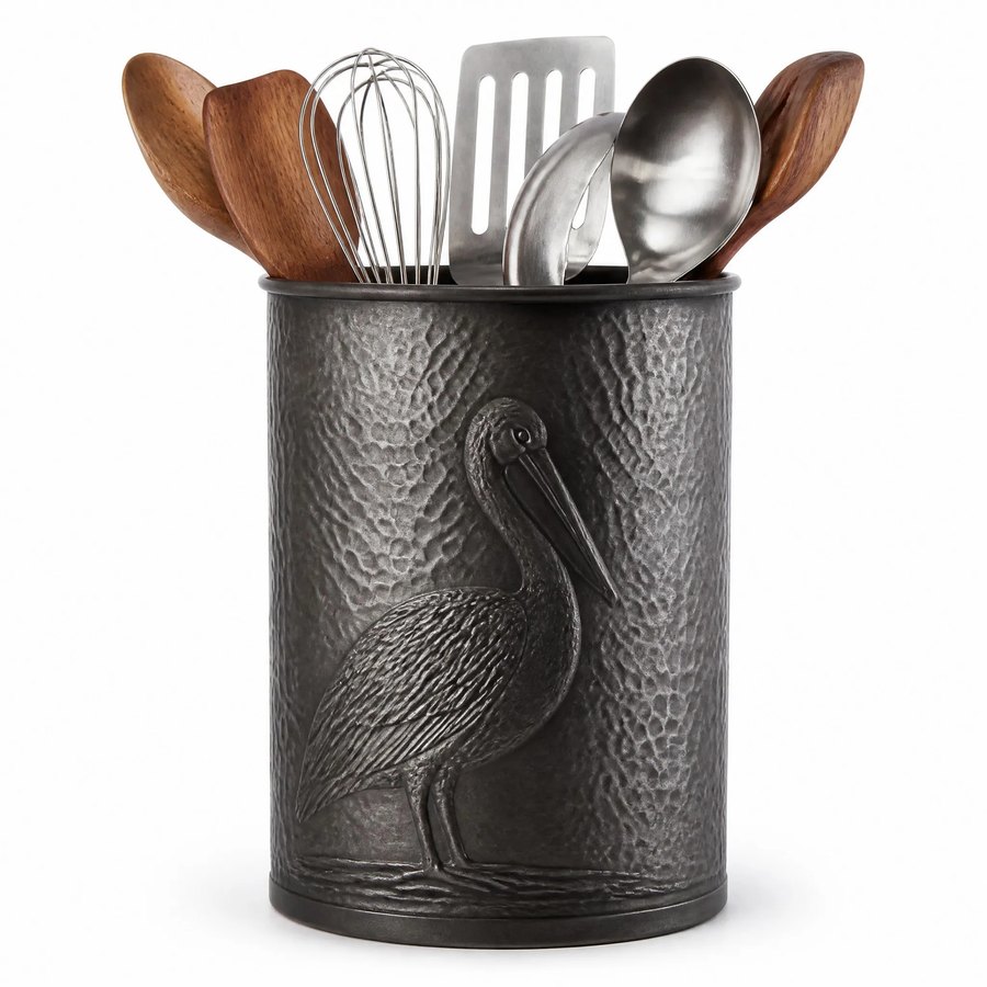Pelican Utensil Holder — Wrought Iron · dark charcoal hand-forged hammered texture