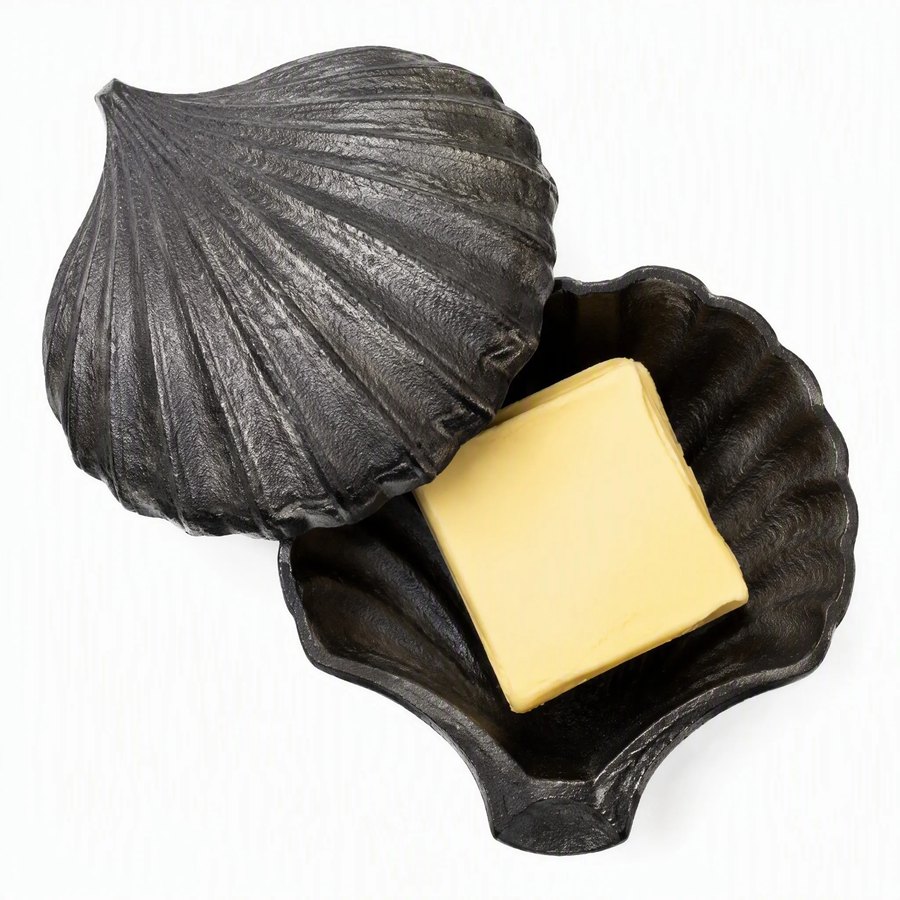 Scallop Shell Butter Dish — Cast Metal · dark charcoal hand-forged hammered texture