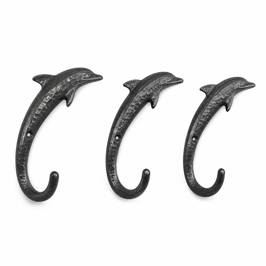 Dolphin Coat Hooks — Wrought Iron · dark charcoal hand-forged hammered texture