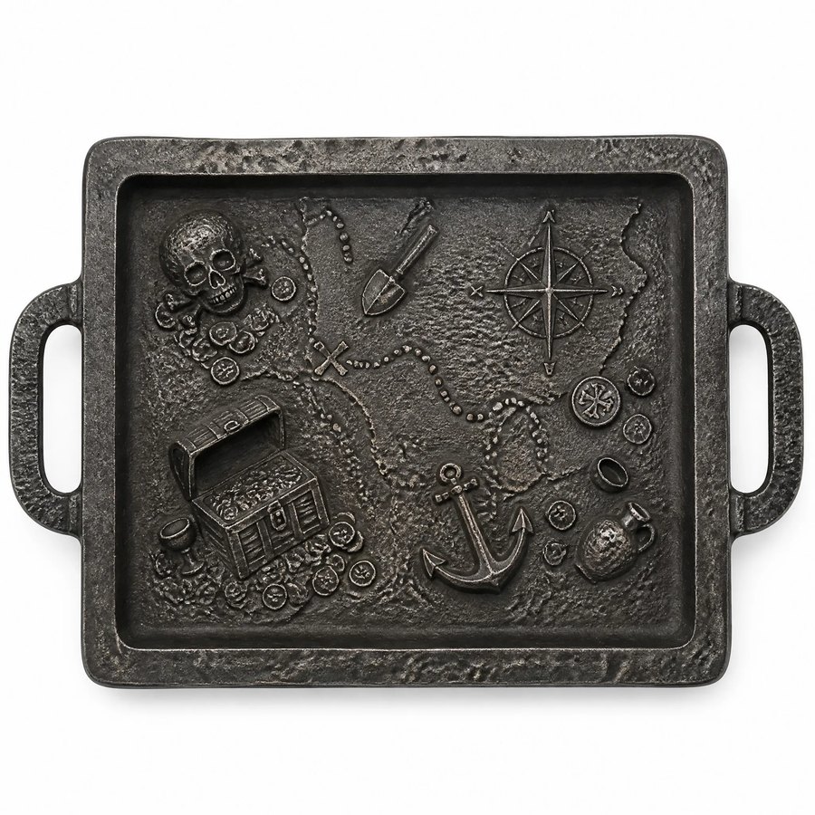 Sunken Treasure Serving Tray — Cast Metal · dark charcoal hand-forged hammered texture