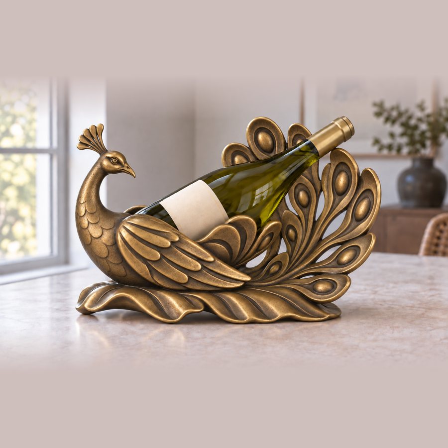 Peacock Cradle Wine Bottle Holder — Brass · Antique brass with hand polished raised relief