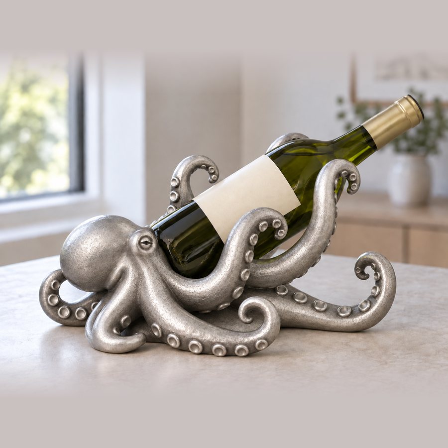 Octopus Embrace Wine Bottle Holder — Aluminium · Natural silver aluminium