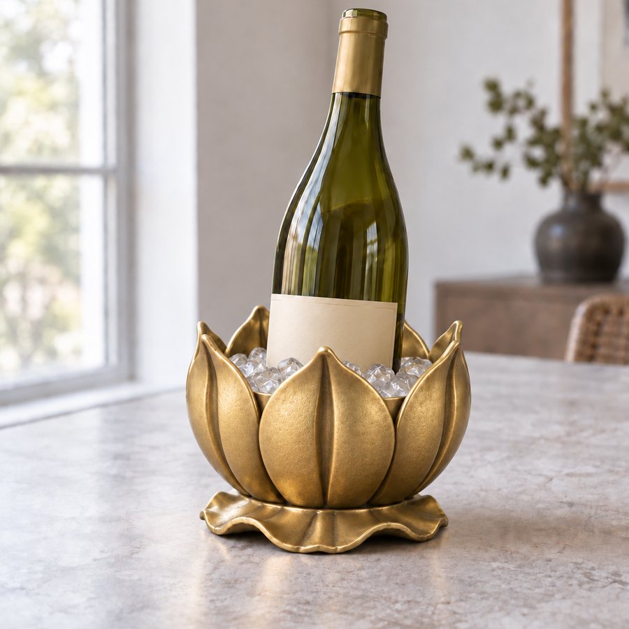 Lotus Bloom Bottle Chiller — Brass · Natural pale brass